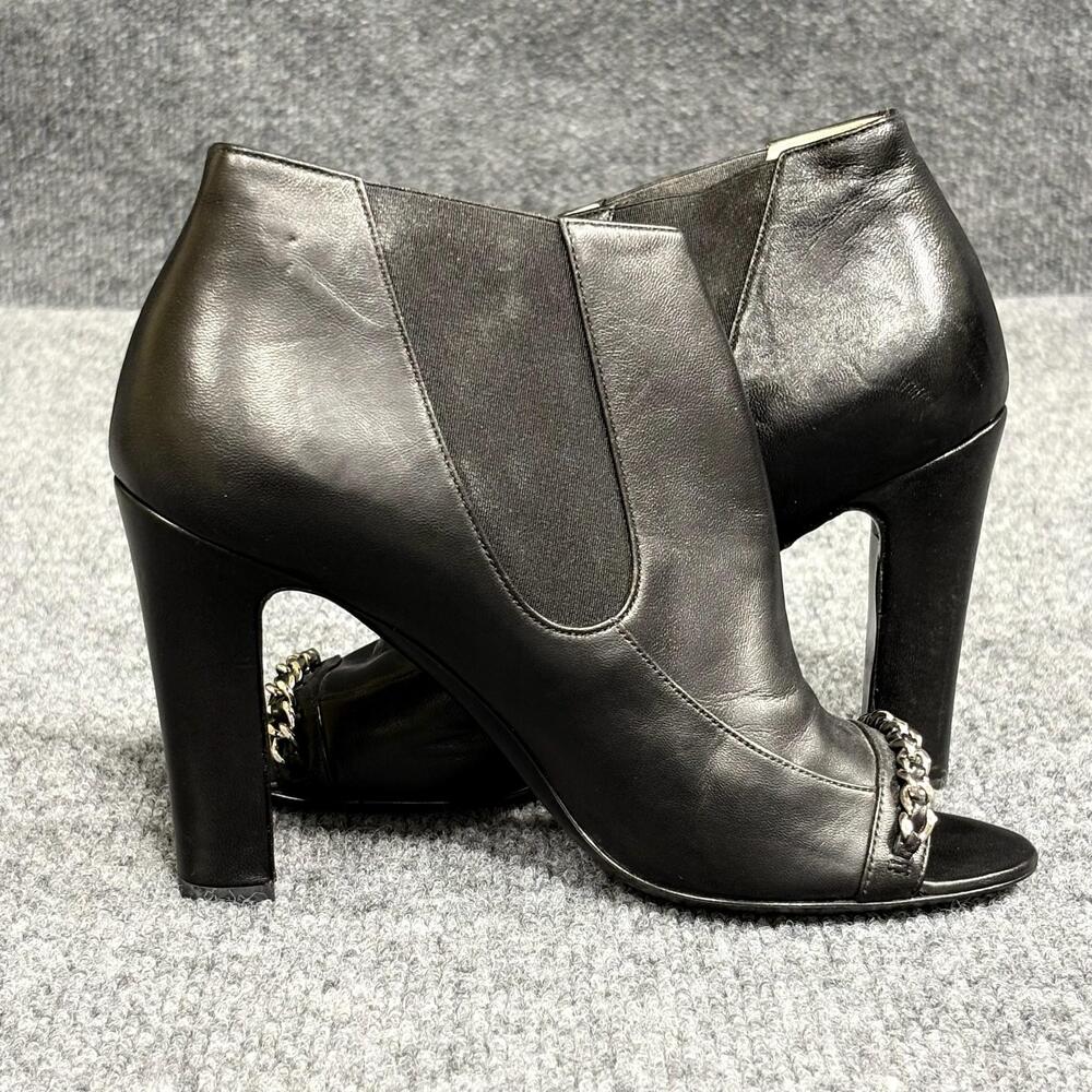 Chanel Ankle Boots Womens 6 Black Leather CC Logo Chain Peep Toe Booties Italy